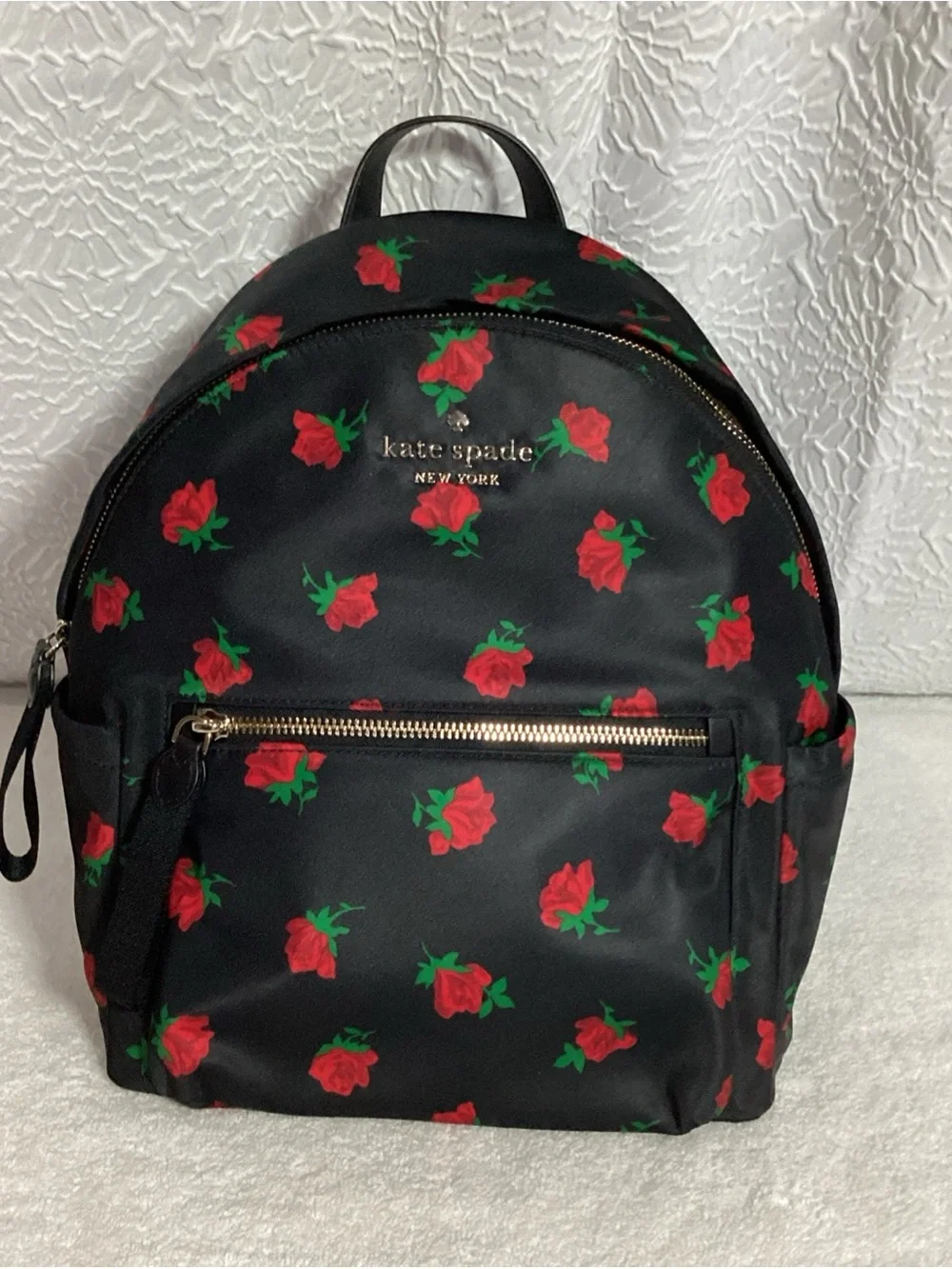 Kate Spade Chelsea Medium Rose Toss Print Black Nylon Leather Backpack Bag